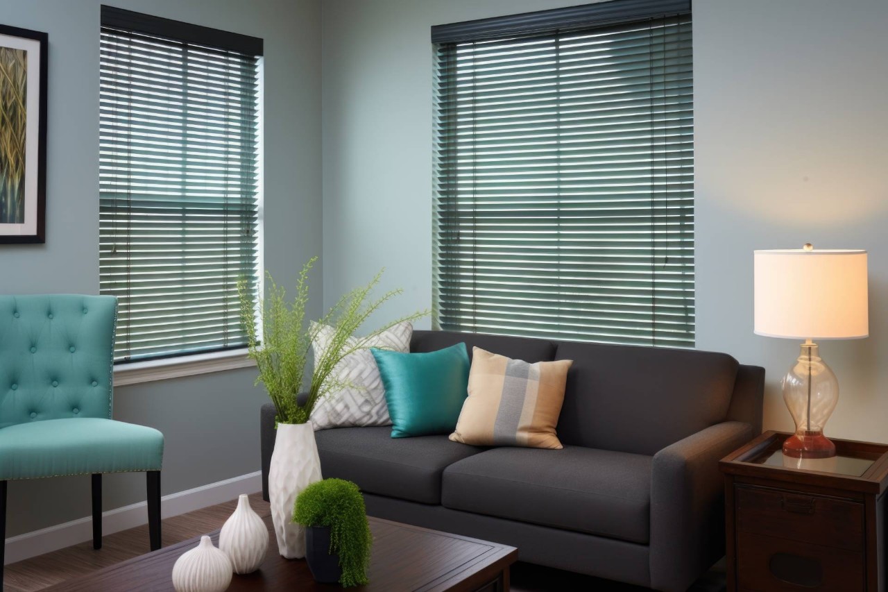  A living room with mini blinds and light green and blue decor Blinds Plus near Springfield, Missouri (MO)