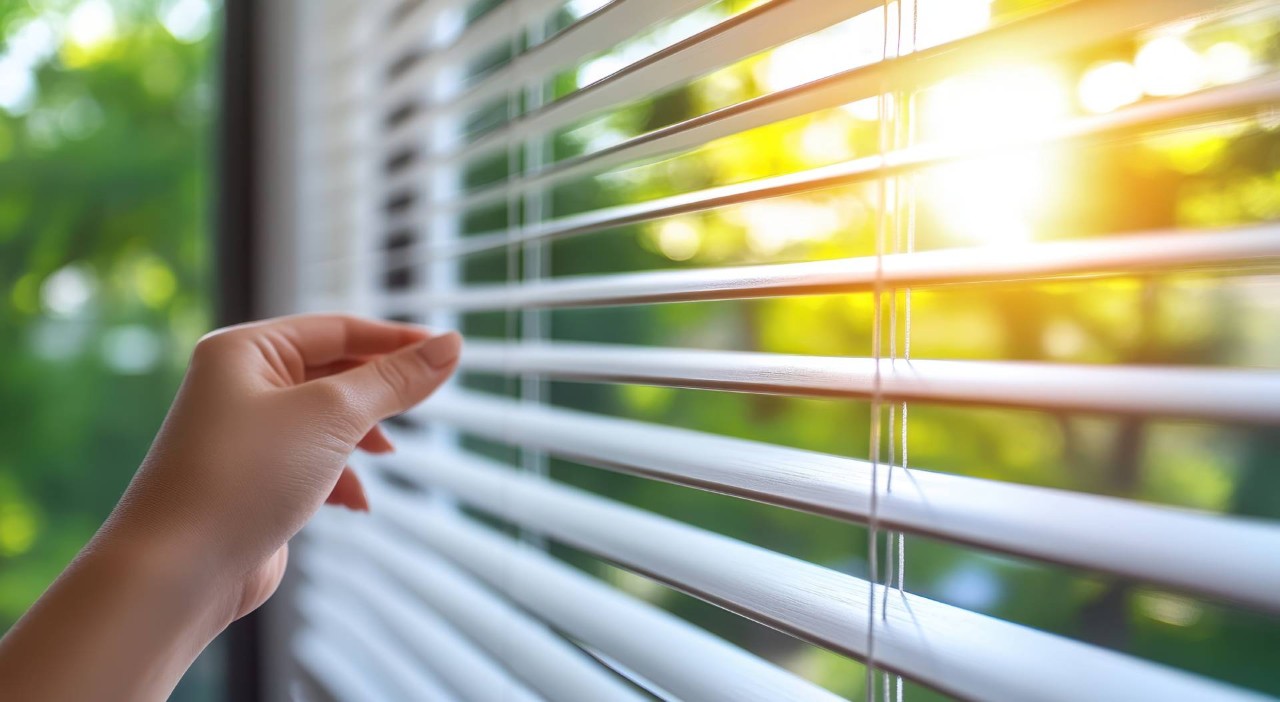 A close-up view of a hand about to touch white blinds at Blinds Plus near Springfield, Missouri (MO)