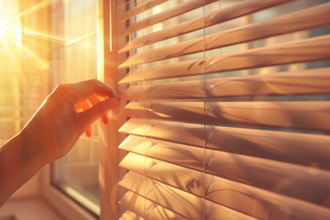 Someone reaching toward a set of wood blinds illuminated by the setting sun near Springfield, MO